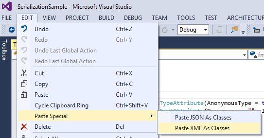 Image of Visual Studio's 'Edit', 'Paste Special', 'Paste XML As Classes' menu.